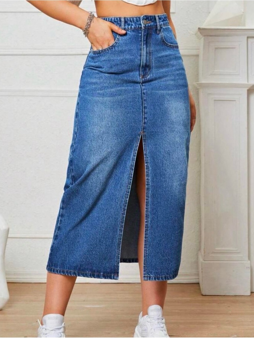 Blue Denim Midi Skirt with Front Center Slit